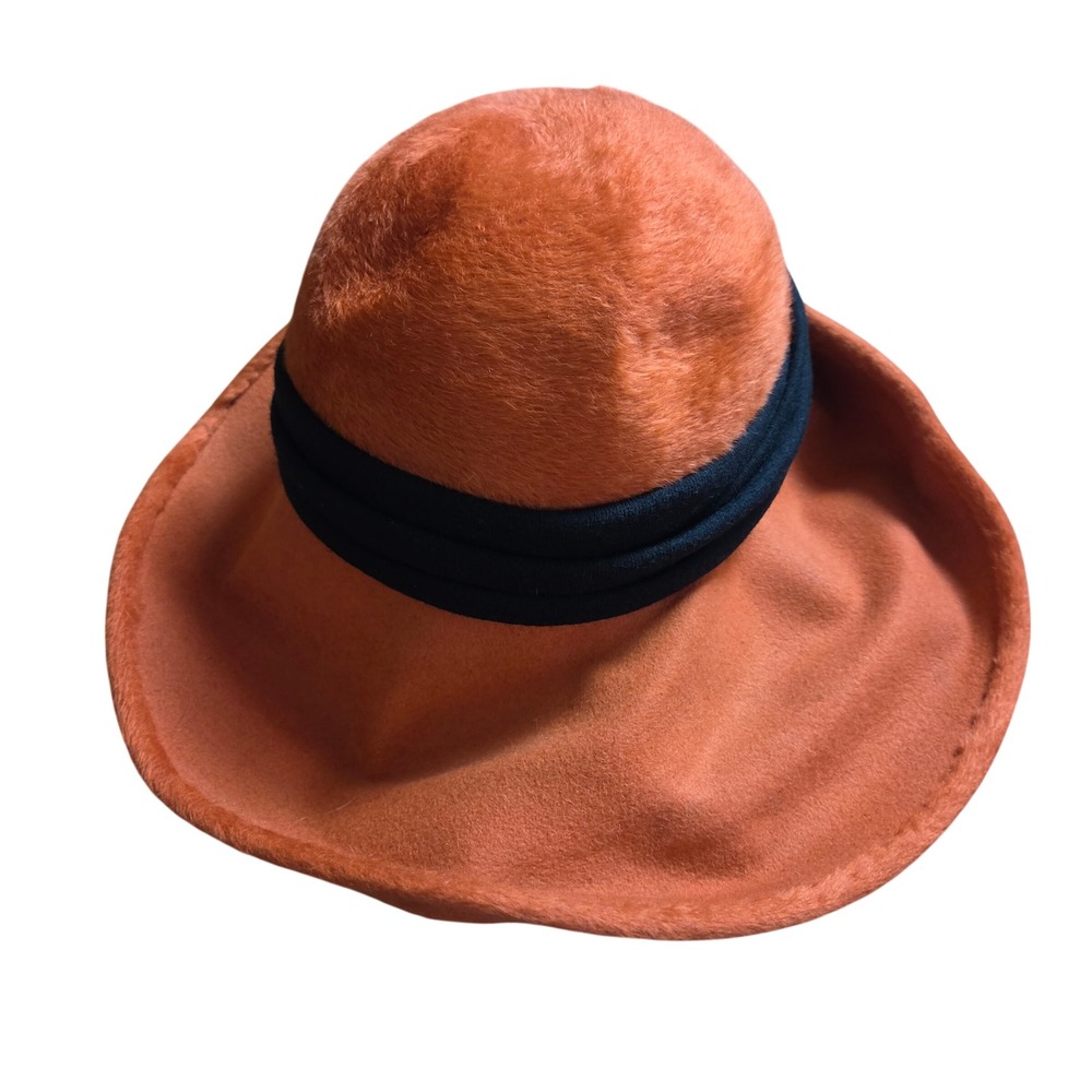 VTG Dolores London Paris Orange Fuzzy Wide Brim Clochet Hat England Quiet Luxury